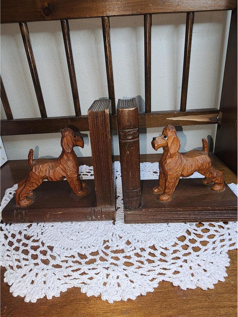 Vintage Hand-Carved Wooden Dog Bookends | Cottagecore Library Decor | Artisan Bo